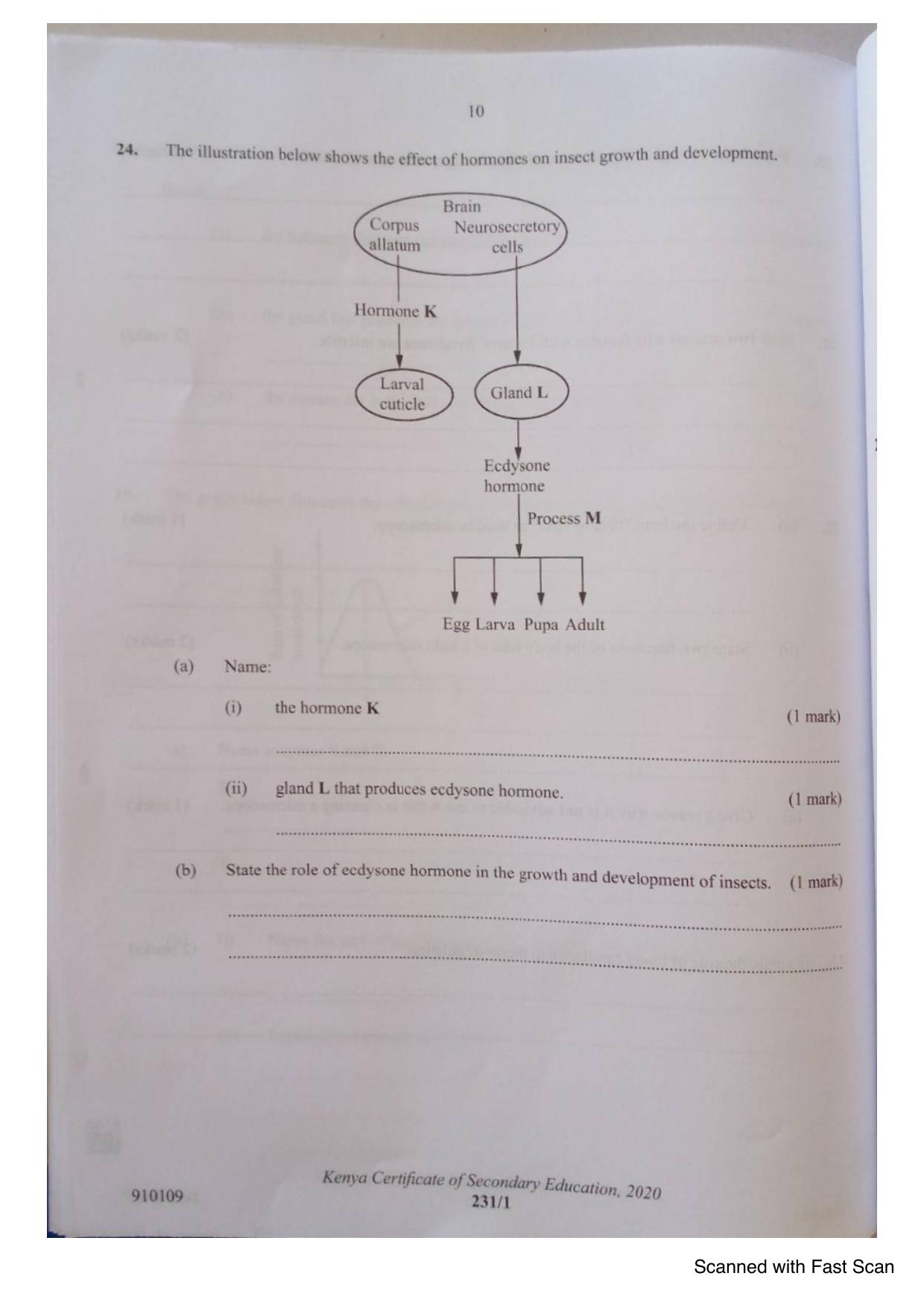 Biology KCSE Paper 1 (2020) — page 10 of 12