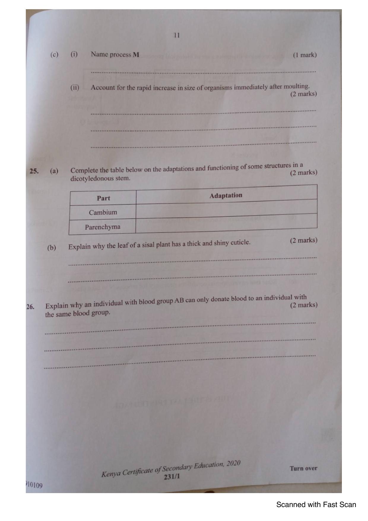 Biology KCSE Paper 1 (2020) — page 11 of 12