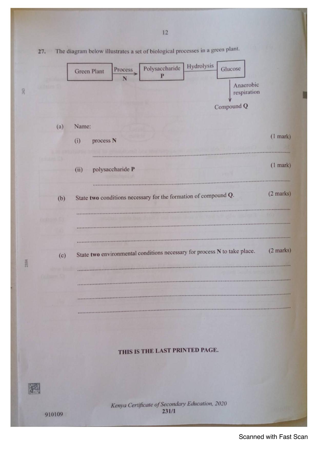 Biology KCSE Paper 1 (2020) — page 12 of 12