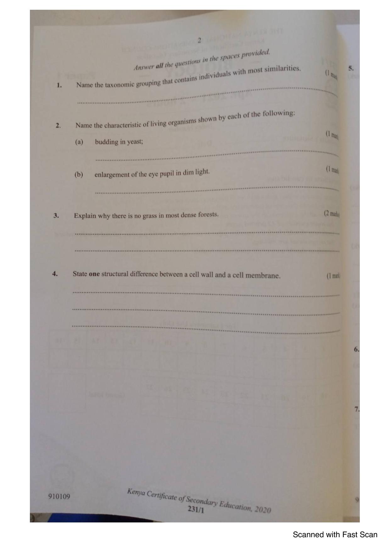 Biology KCSE Paper 1 (2020) — page 2 of 12