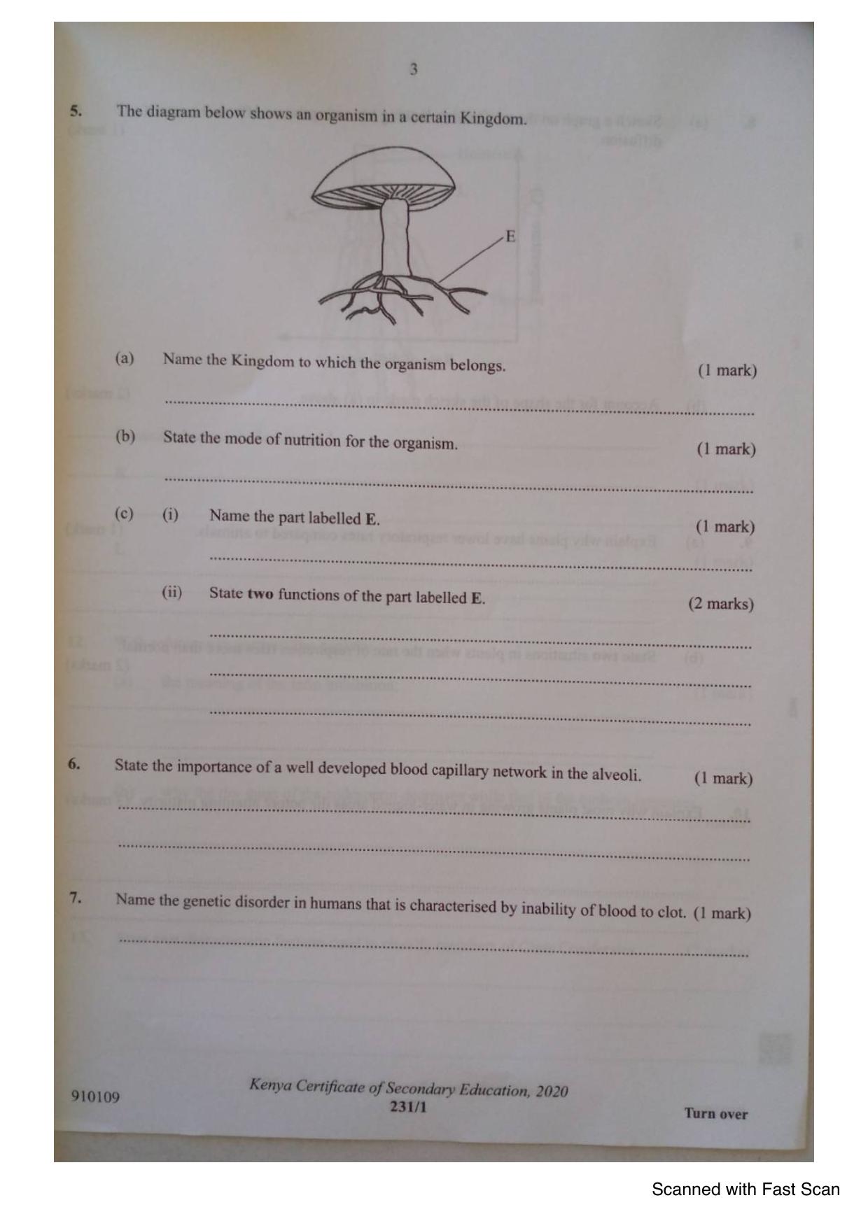 Biology KCSE Paper 1 (2020) — page 3 of 12