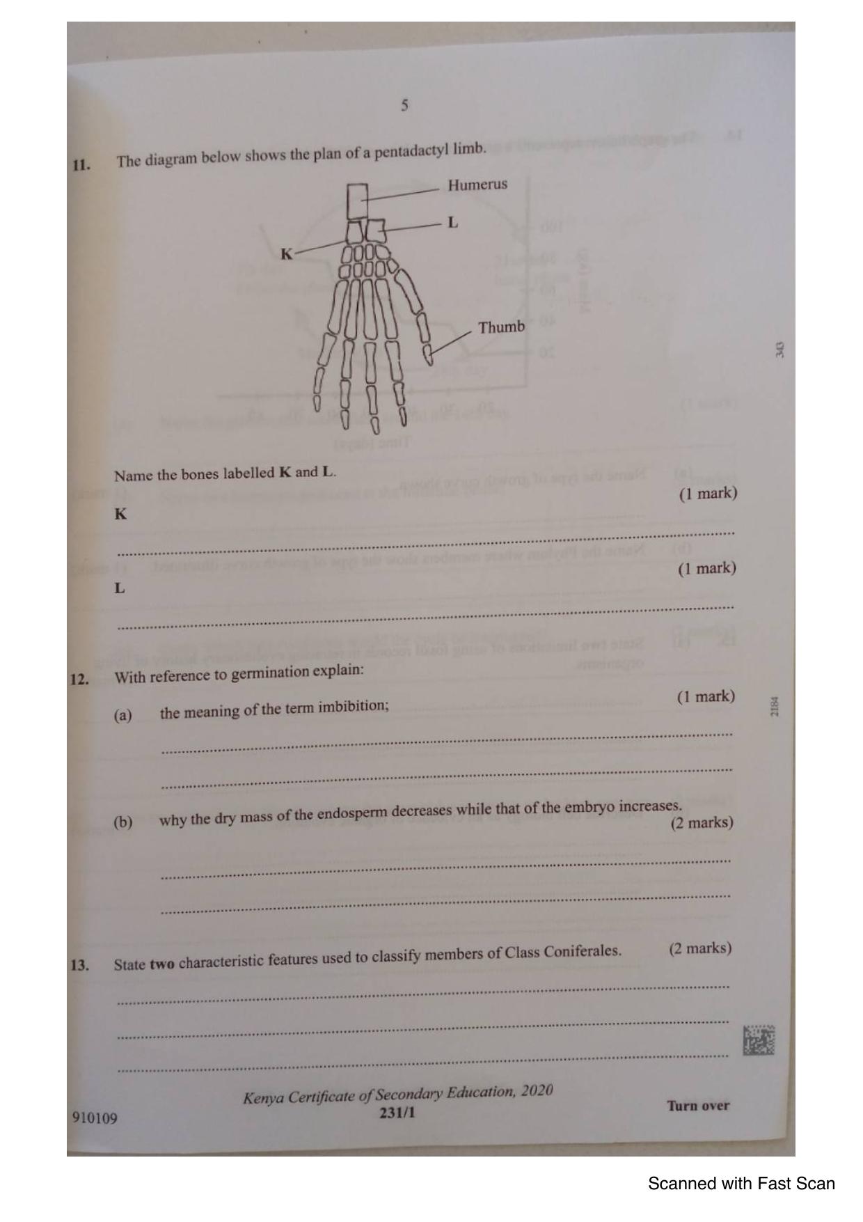 Biology KCSE Paper 1 (2020) — page 5 of 12