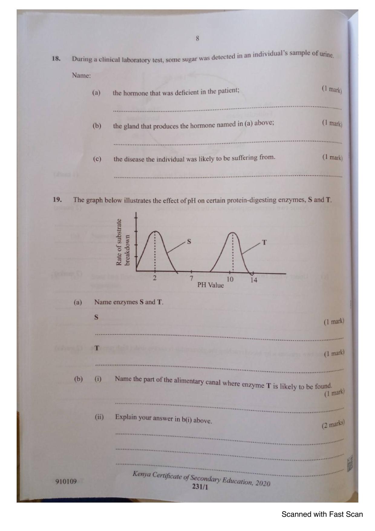 Biology KCSE Paper 1 (2020) — page 8 of 12