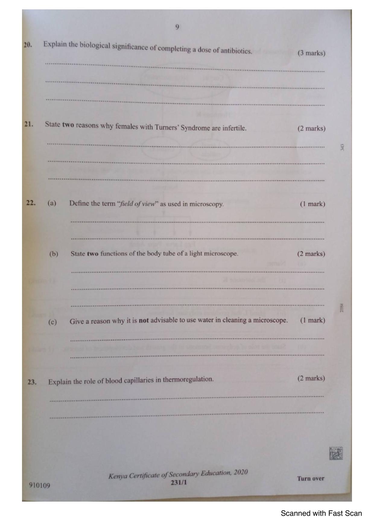Biology KCSE Paper 1 (2020) — page 9 of 12