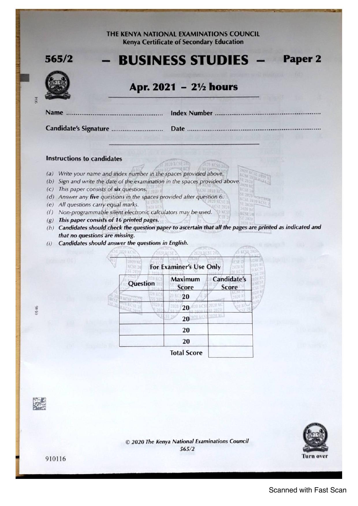 Business Studies KCSE Paper 2 (2020) — page 1 of 3