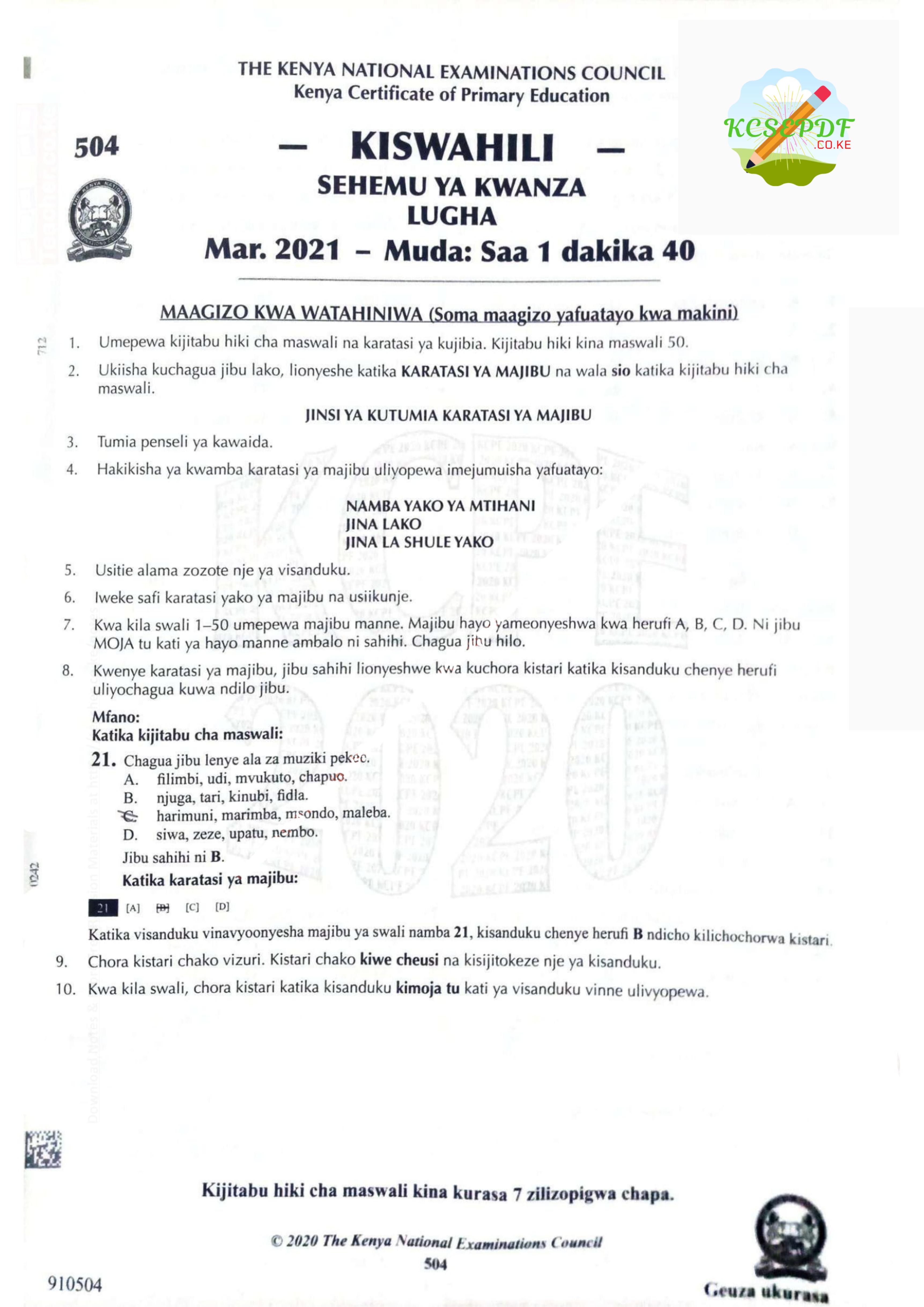 Jinsi Ya Kutumia Karatasi Ya Majibu (2021) — page 1 of 7