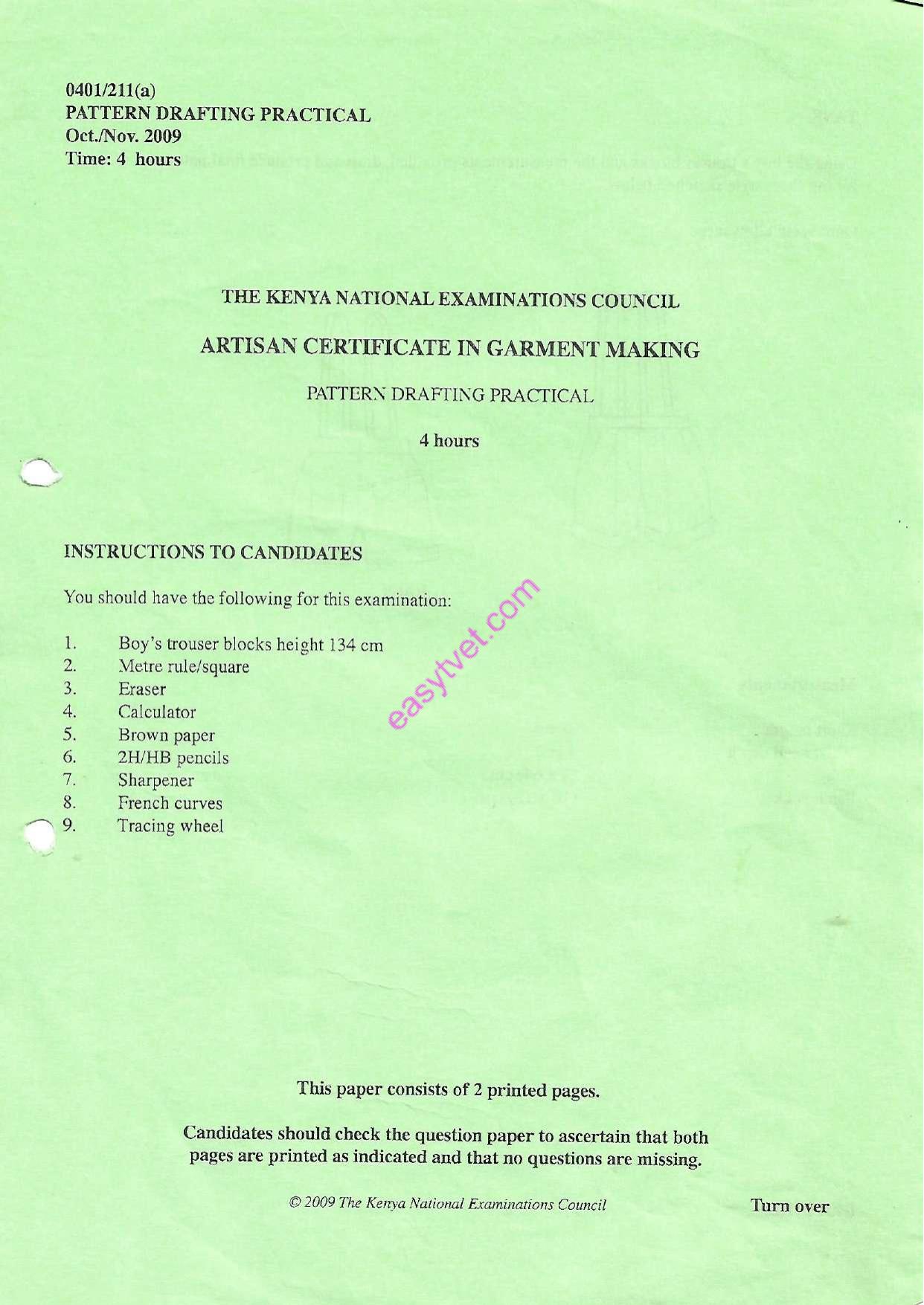 Pattern Drafting Practical (2009) — page 1 of 2
