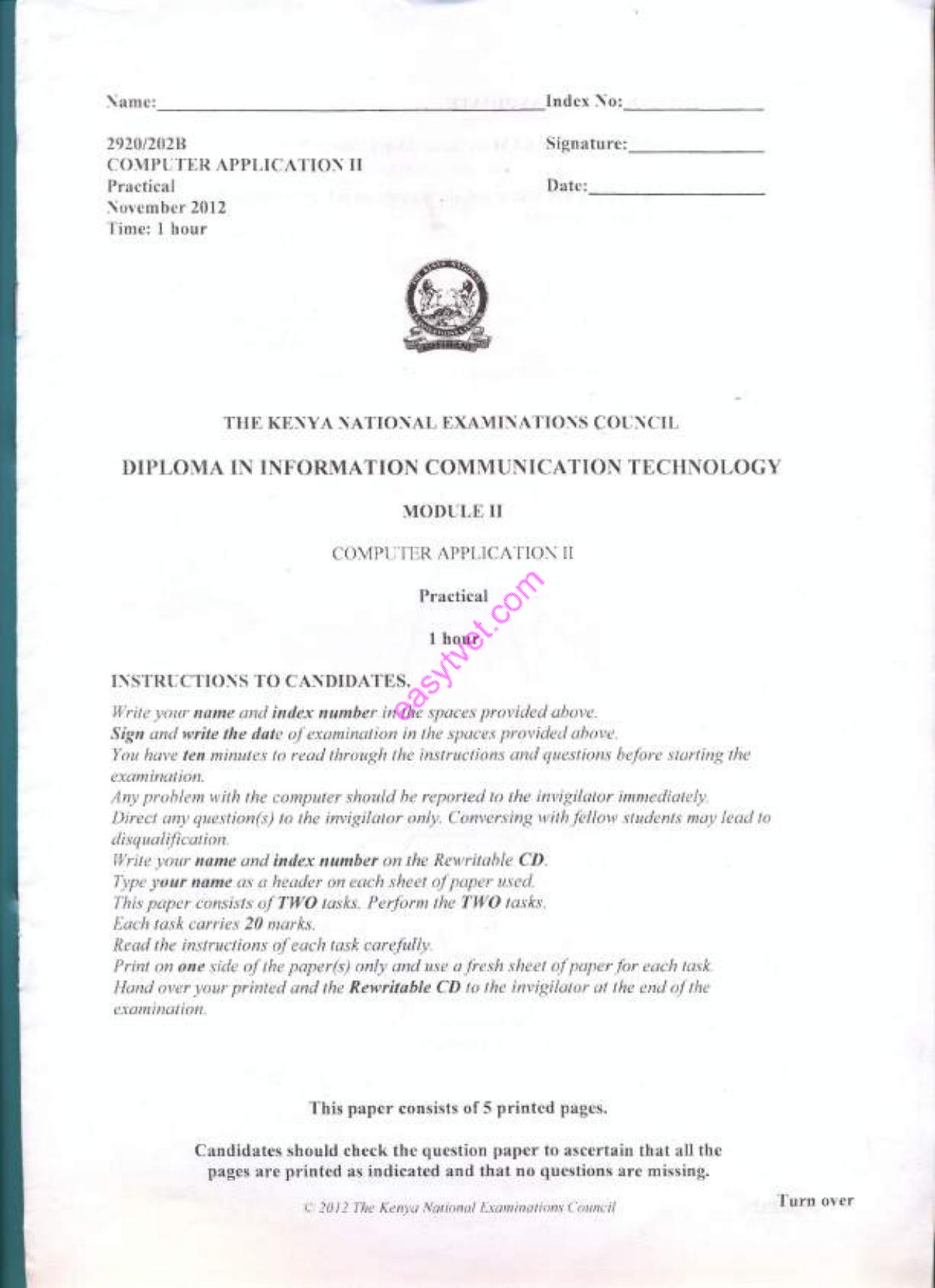 Computer Application Ii (2012) — page 1 of 5