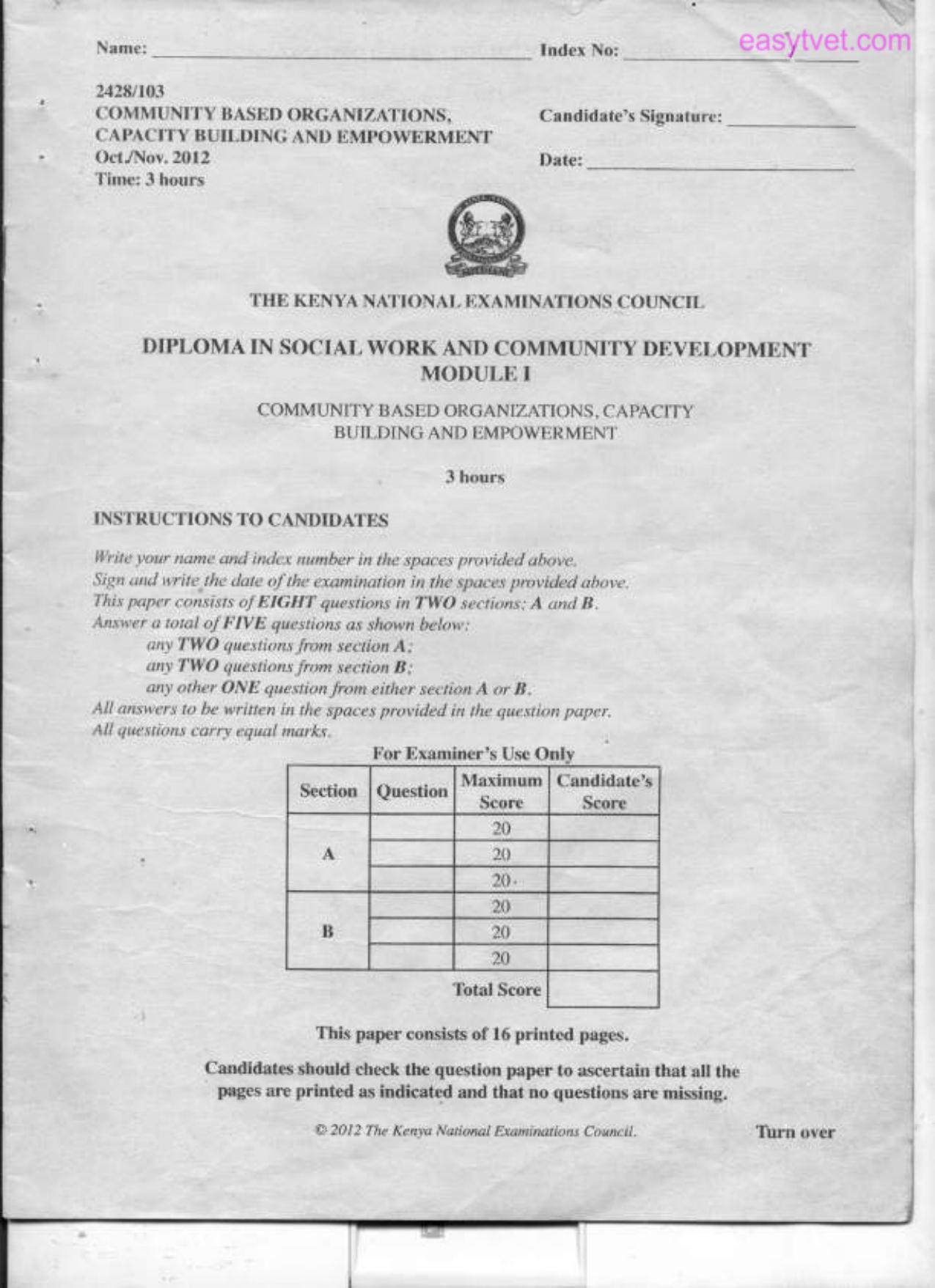 Difloma in Social Work and Community Development (2012) — page 1 of 3