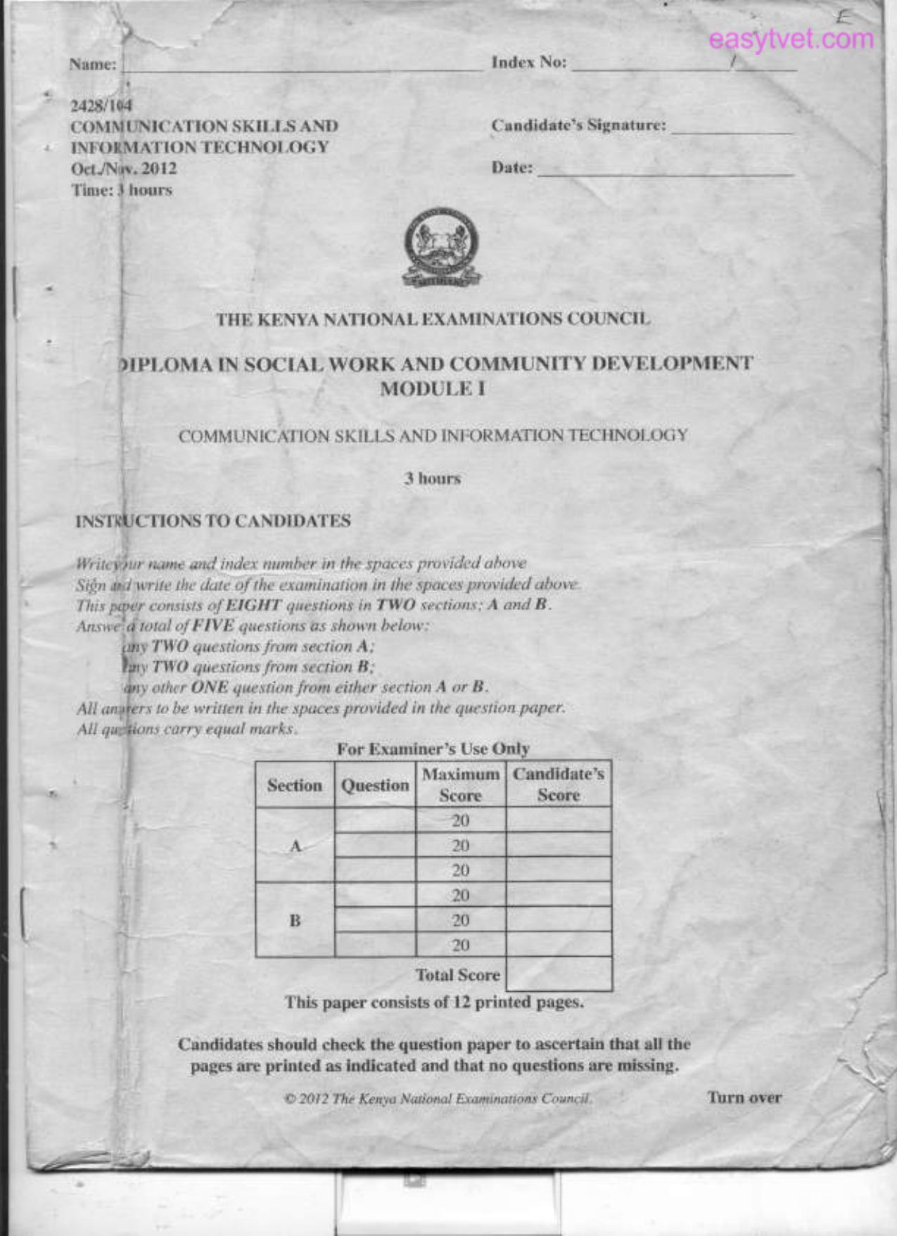 Commumnication Skills and Information Technolocgy 1 (2012) — page 1 of 3