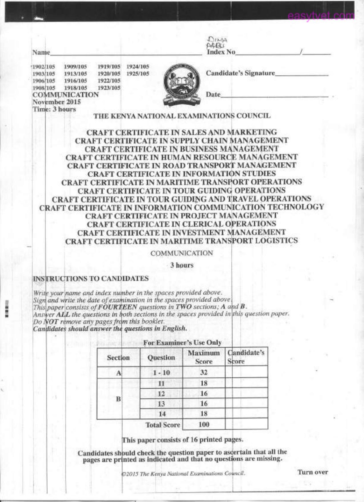 Craft Certificate in Information Communication Technology (2015) — page 1 of 6