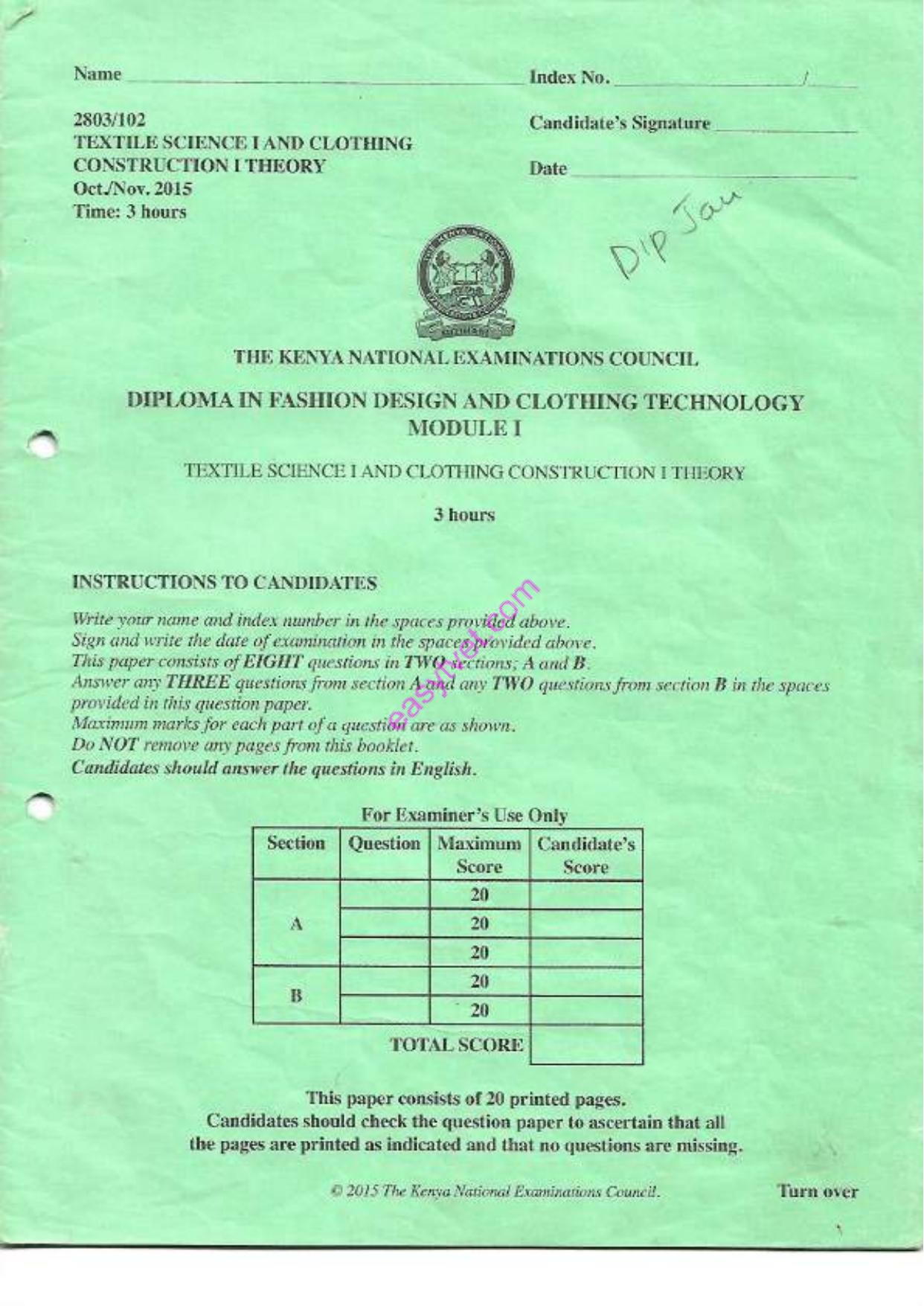 Textile Science I and Clothing Construction I Theqry (2015) — page 1 of 4