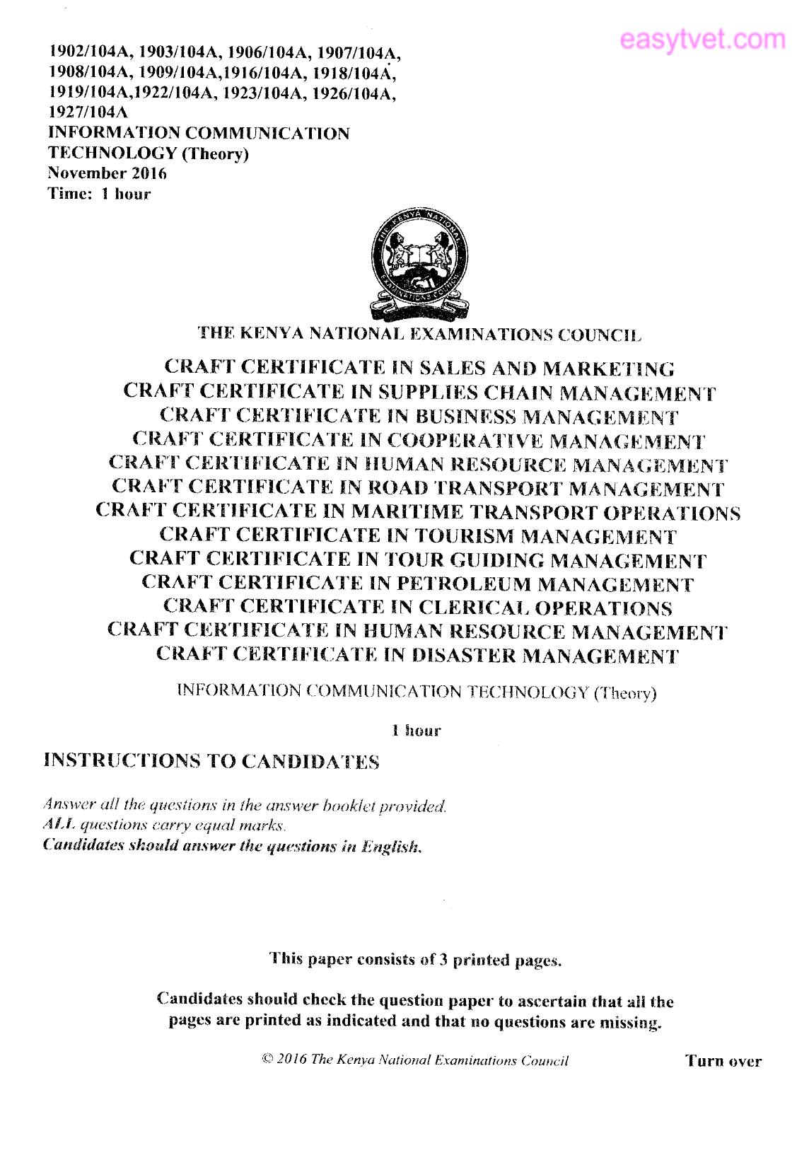 Craft Certificate in Human Resource Management (2016) — page 1 of 3