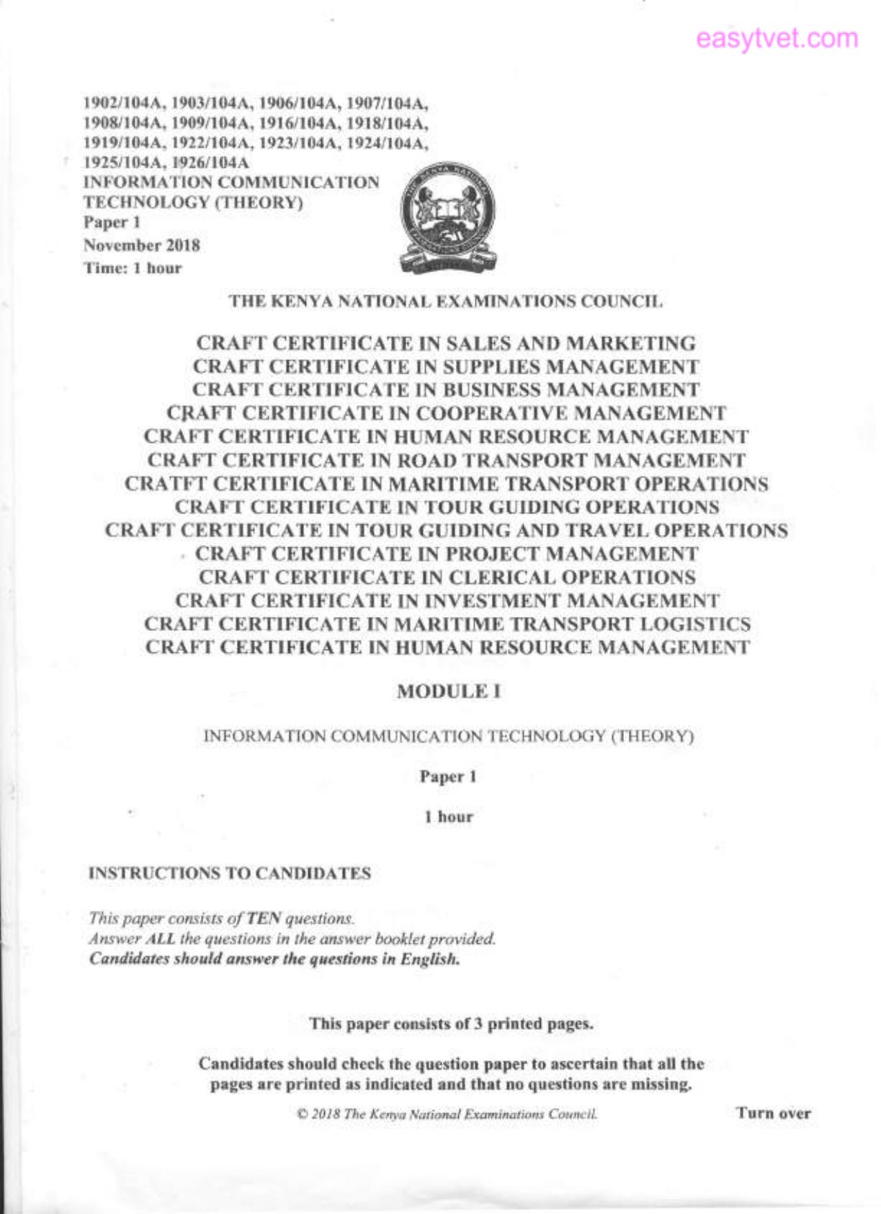 Craft Certificate in Human Resource Management (2018) — page 1 of 3
