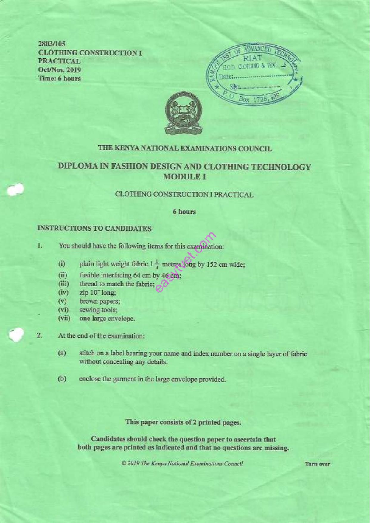 Clothing Construction I Practical (2019) — page 1 of 2