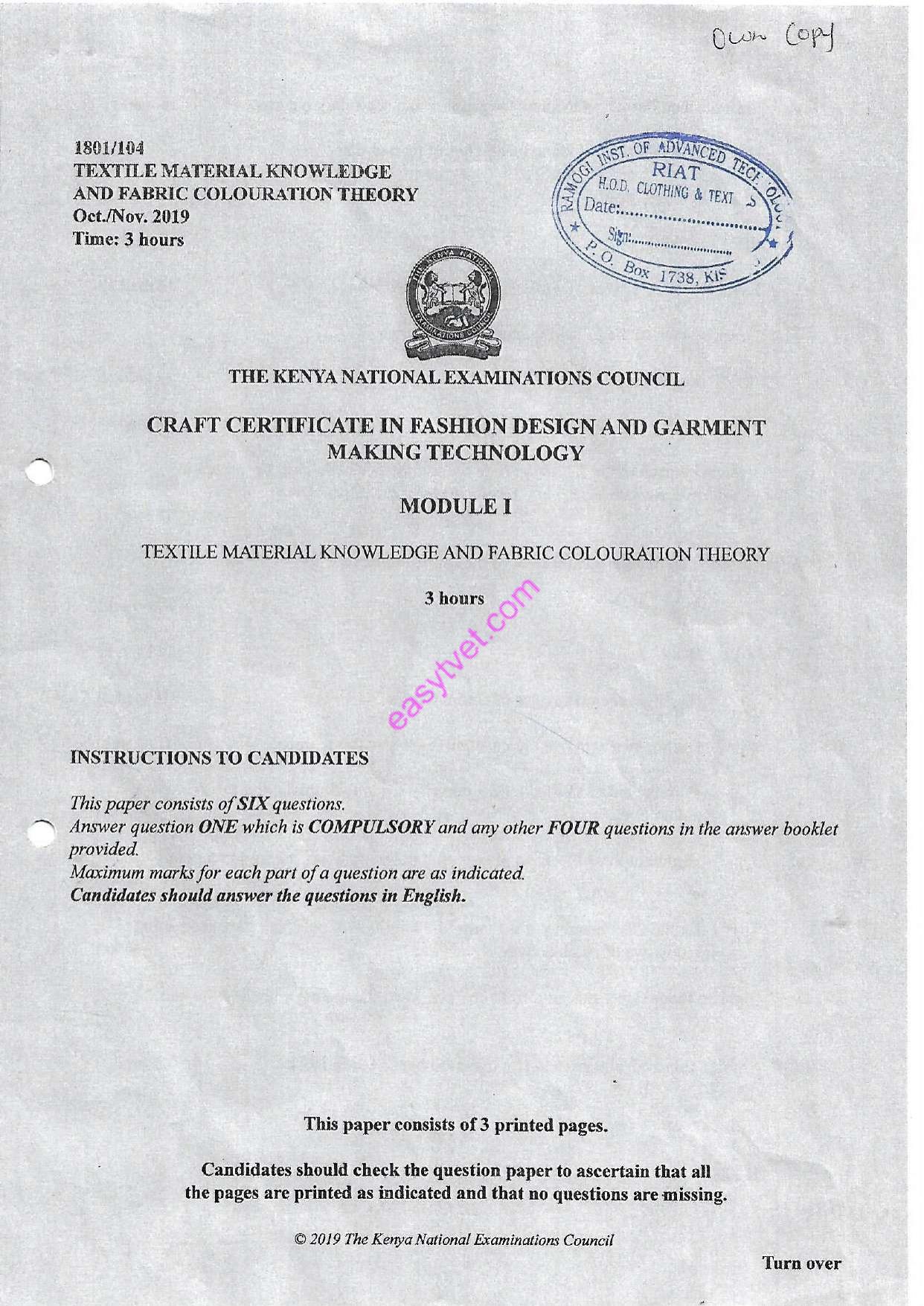 Textile Material Knowledge and Fabric Colouration Theory (2019) — page 1 of 3