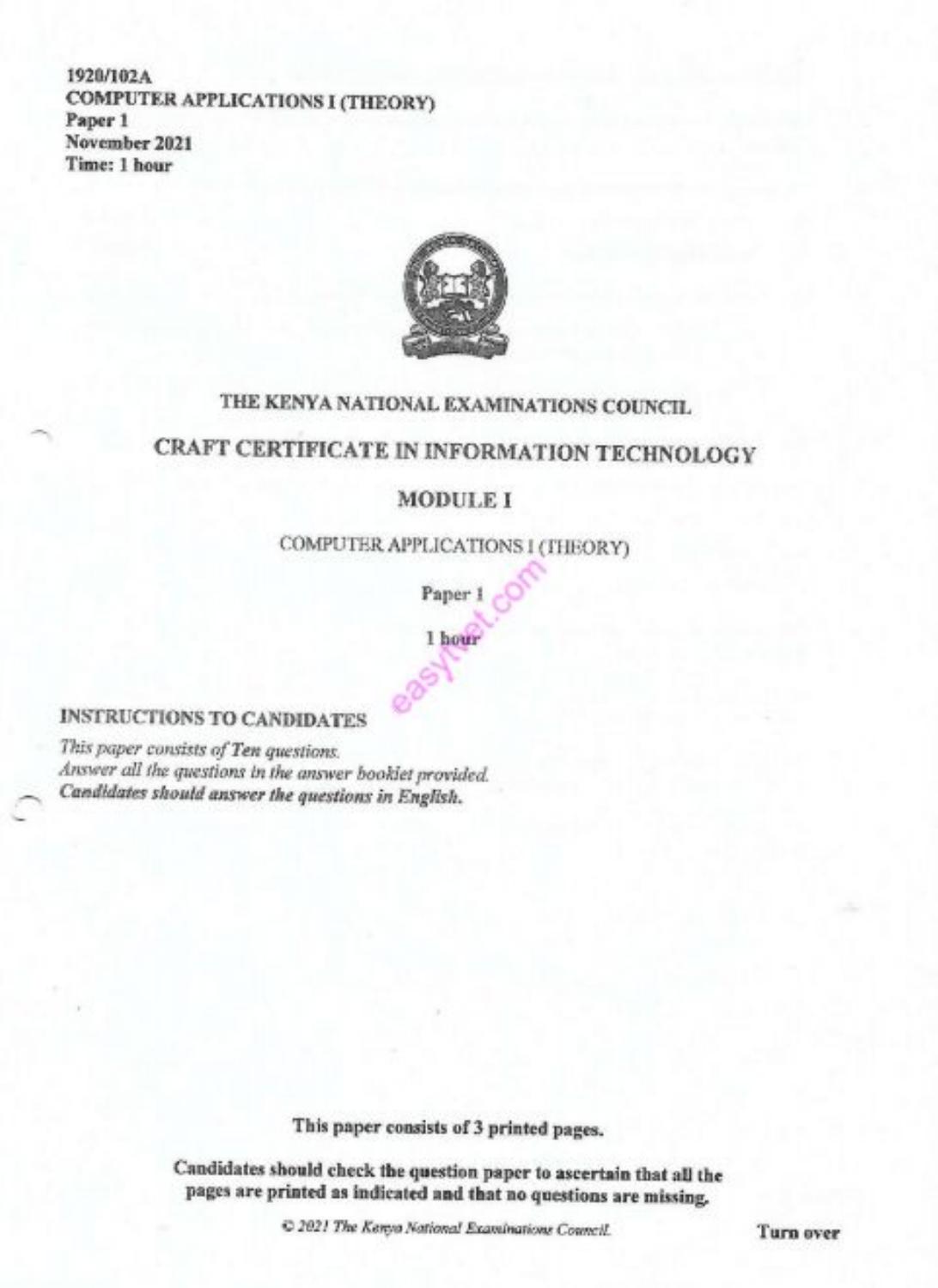 Computer Applications I (theory (2021) — page 1 of 3