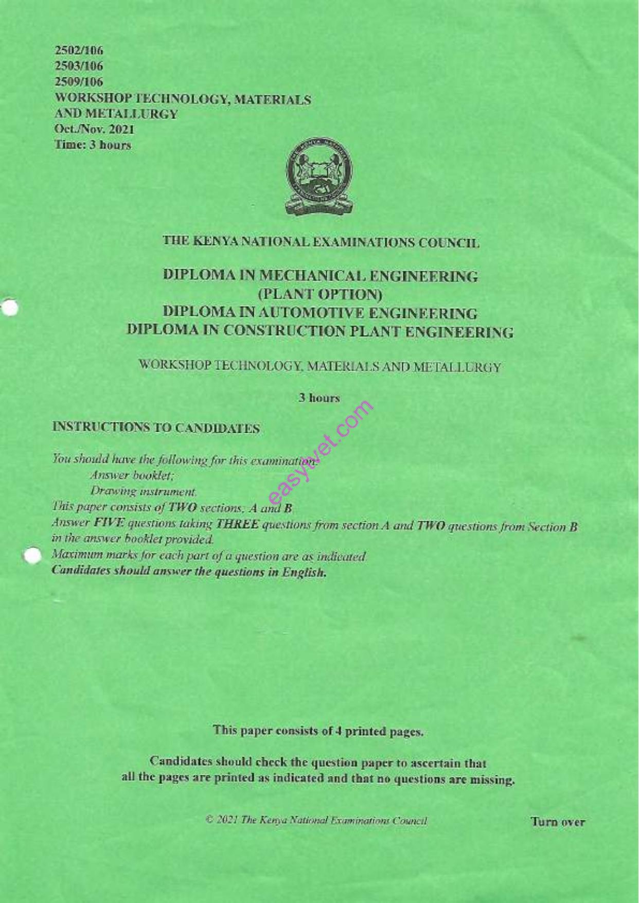 Workshop Technology, Materials and Metallurgy (2021) — page 1 of 4